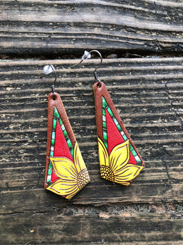 Painted Sunflower Leather Dangle Earrings