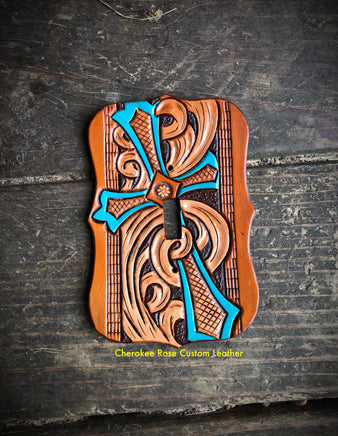 Turquoise Painted Cross Single Leather Light Switch Cover - Peyote Rose