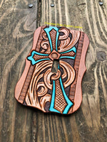 Turquoise Painted Cross Single Leather Light Switch Cover - Peyote Rose