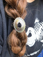 Small Antiqued Silver Slotted Concho Hair Tie - Peyote Rose
