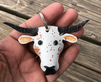 Hand Painted Red Speckled Texas Longhorn Leather Keychain