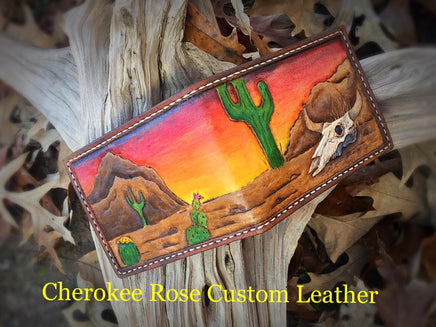 Custom Ordered Leather Wallet with Hand Painted Southwestern Design