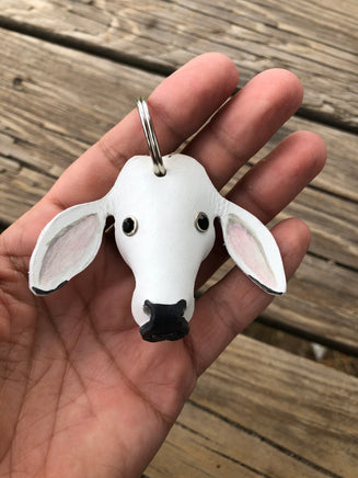 Hand Painted White Brahma Cow Leather Keychain